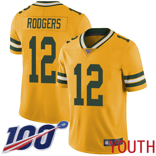 Green Bay Packers Limited Gold Youth 12 Rodgers Aaron Jersey Nike NFL 100th Season Rush Vapor Untouchable